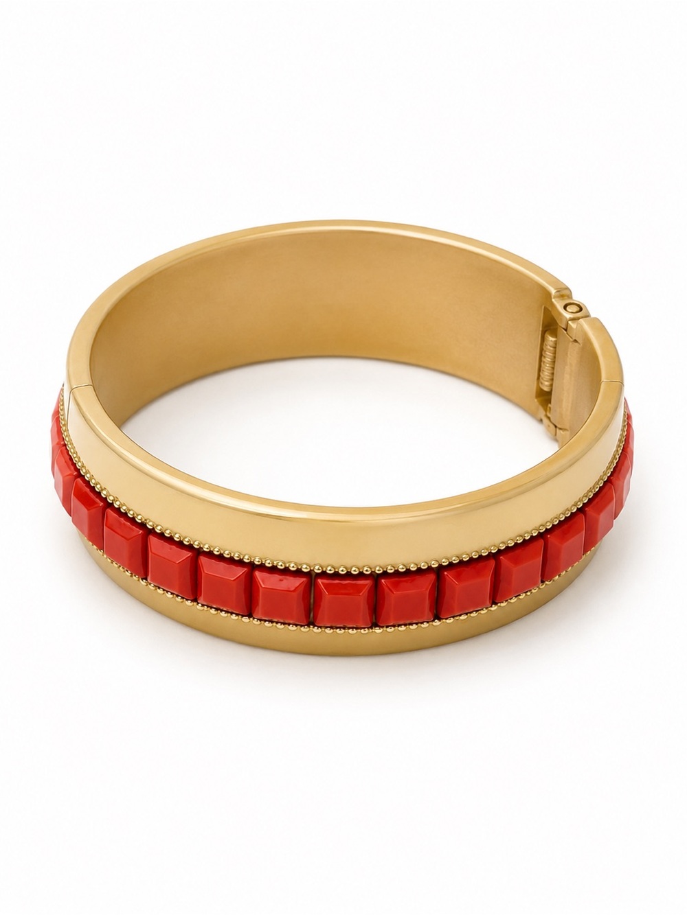 Vintage Heavy Gold Tone Hinged Bangle Bracelet Red Lucite‎ & Cream Enamel